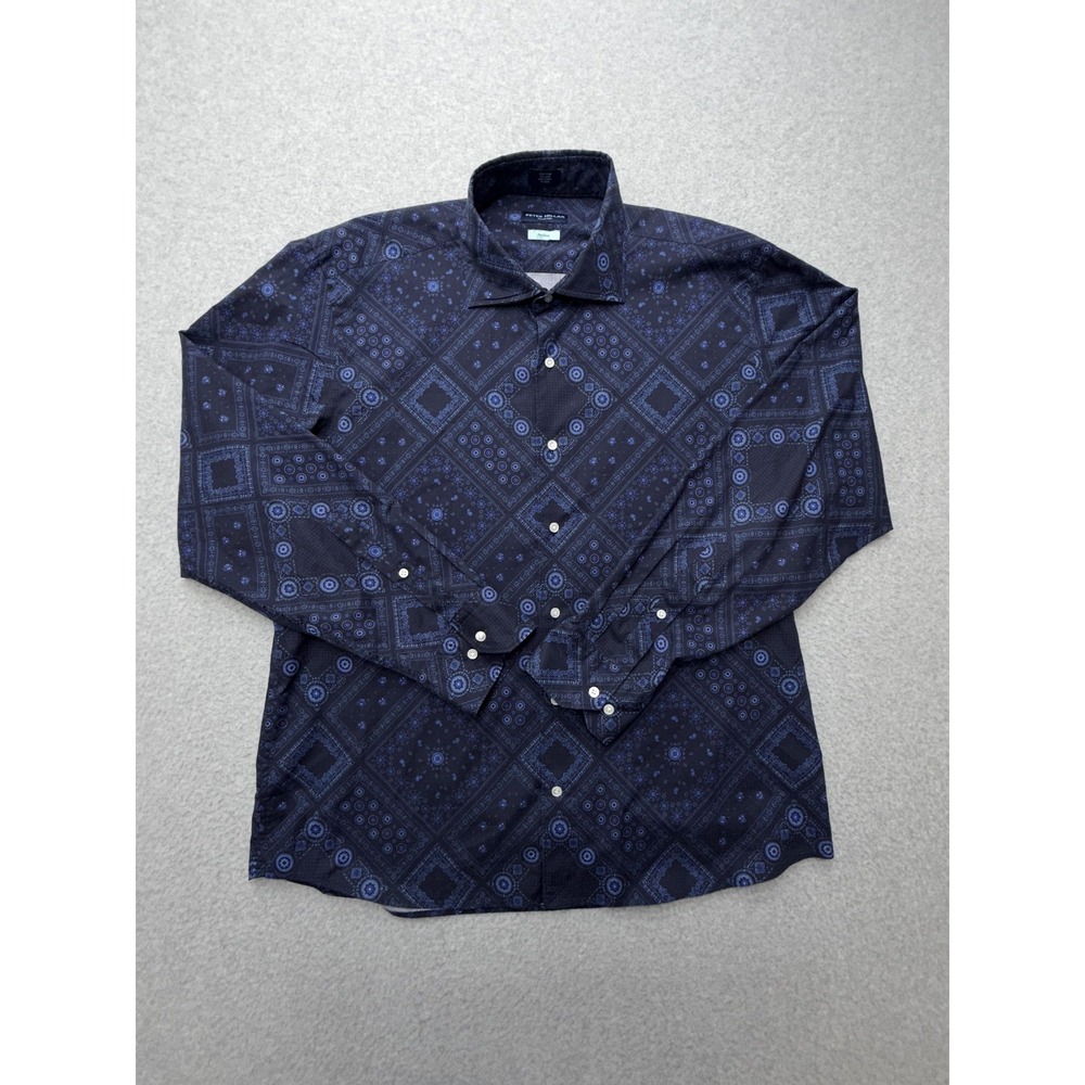 Peter Millar XL Blue Geometric Bandana Aztec Print Long Sleeve Button Up Shirt